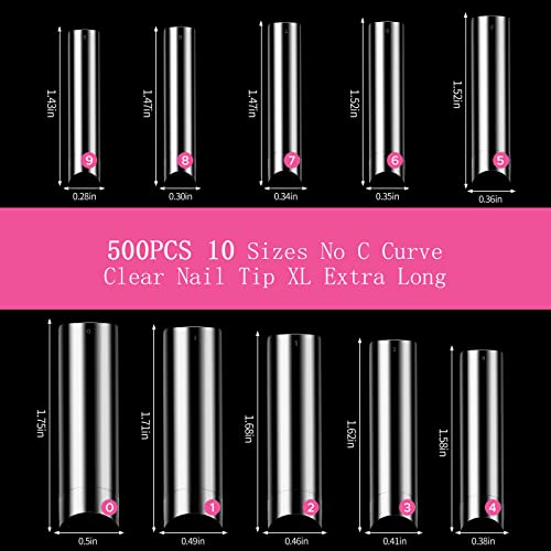 500 Pcs No C Curve Nail Tips XL Long Clear Nail Tips for Acrylic Nails Professional Set,10 Sizes Square Straight Tapered Half Cover Fake Nails Tips Ballerina Coffin French Nail for Salon DIY Nail Art