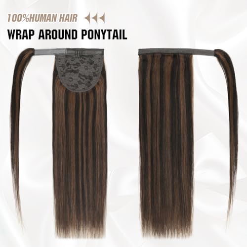 Ponytail Extension Human Hair 18 Inch Dark Brown to Chestnut Brown Silky Straight Clip in Hair Extensions Wrap Around Ponytail Hair Piece for Girls(18 inch Dark Brown to Chestnut Brown #2P6 85G)