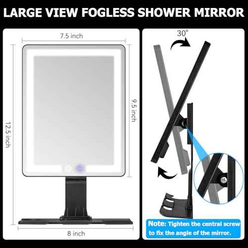 Heated Shower Mirror Fogless for Shaving, Anti Fog Shower Mirror with Light, 5000mAh Rechargeable Large 12.5¡¿8" Fog Free Mirror for Shaving with Razor Holder for Men & Woman, Removable, NO-Drilling