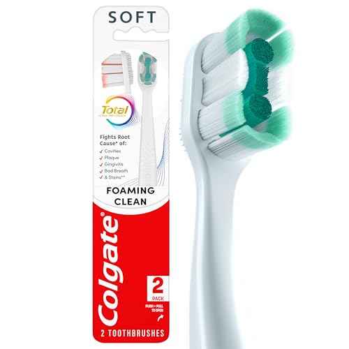 Colgate Total Active Prevention Foaming Clean Soft Toothbrushes, Soft Bristle Toothbrush Pack for Plaque Removal, Helps Reach Deeper Along The Gumline and Between Teeth, White, 2 Pack