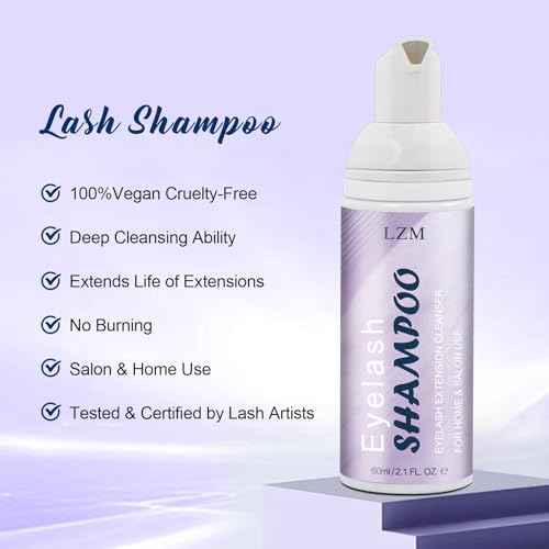 LZM Lash Shampoo Kit 2.02 fl.oz Lash Wash Cleaning kit for Clusters/Natural/Extensions, Gentle Foam&Deep Cleaning&Oil Free 60ml Lash Cleanser with Brush (8-in-1 Shampoo Kit)