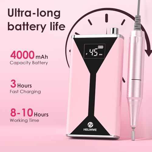 Professional Electric Nail Drill 45000RPM (Portable & Rechargeable) (with 11 Drill Bits ) Cordless Nail File Machine for Shaping, Polishing & Removing Gel Nails for Salon Home (Pink)