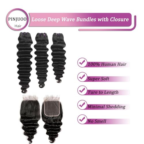 Loose Deep Wave Bundles with Closure 14 16 18 +12 Inch 100% Unprocessed Brazilian Virgin Hair Bundles with Closure Wet and Wavy Curly Weave 3 Bundles and Closure Natural Color for Women