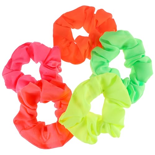 Bremorou 80s Neon Hair Scrunchies 5 Pack - Soft Elastic Hair Ties - Neon Yellow, Green, Coral, Hot Pink, Orange - Perfect for 80s Parties, Workout Costumes & More