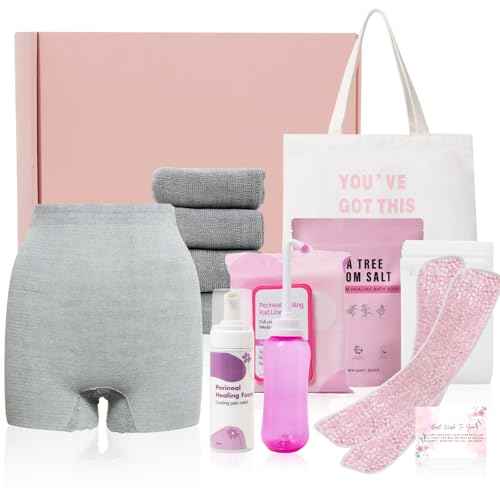 Postpartum Essentials Kit - Peri Bottle,Perineal Ice Packs,Perineal Healing Foam,Disposable Underwears,Cooling Pad Liners,Bath Salts,Canvas Bag,Card,Postpartum Gifts for Mom