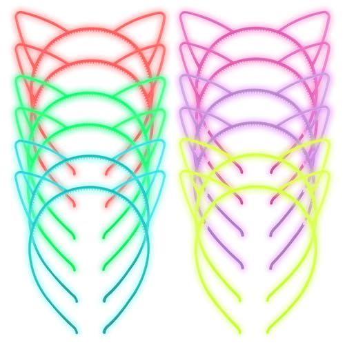ZIRICHER 12pcs Glow in the Dark Headbands, Cat Ear Headband Plastic Light Up Hair Band Luminous Headband For Girls Party Crown Headbands