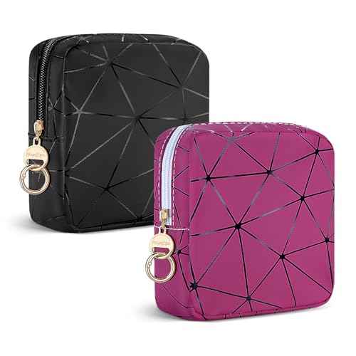 2 PCS Mini Makeup Bag for Purse, Small Cosmetic Bag Set for Women Girls, Small Travel Makeup Pouches for Purse (Black+Rose Red)