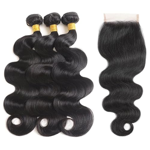 Human Hair Bundles with Closure 18 20 22+16 Inch 100% Brazilian Virgin Human Hair Weave Body Wave 3 Bundles with 4x4 Lace Closure