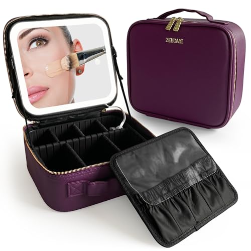 ZEVGANI Travel Makeup Bag with LED Mirror, Rechargeable Lighted Makeup Case with Adjustable Brightness & Dividers, Portable Makeup Box Organizer Vanity Case for Toiletries & Brushes, Plum Purple