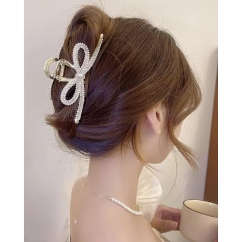 Large Pearl Rhinestone Metal Hair Claw Clips for Thick Hair - Nonslip, Strong Hold, Gold (6 Pcs)