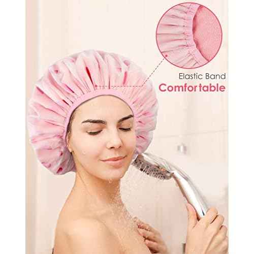 Auban Shower Cap, Shower Cap for Women Terry Cloth Lined EVA Exterior Reusable Double Layer Waterproof, Large Bath Hair Cap, Hotel Travel Essentials Accessories Cleaning Supplies(Pink)