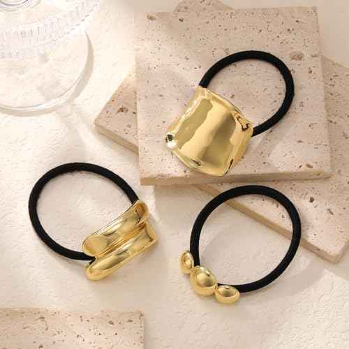 3PCS Gold Hair Ties for Thick Hair - Metal Ponytail Cuff Elastic No Damage Hair Accessories for Women - Geometric Valentine's Day Holiday Gifts