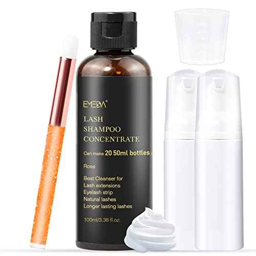 EMEDA Lash Shampoo Concentrate for Eyelash Extensions 100ml Eyelash Extension Cleanser Concentrate Bulk Liquid Kit with Brush Bottle Foam Soap Lash Bath Solution - Makes 20 Bottles 50ml Shampoo (Rose)