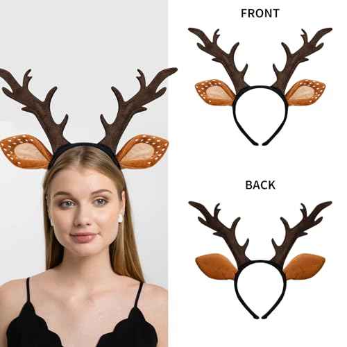 Deer Antlers Headband, Deer Costume for Women Adults, Cute Reindeer Horns Ears Costume Accessories for Halloween Christmas Cosplay Supplies