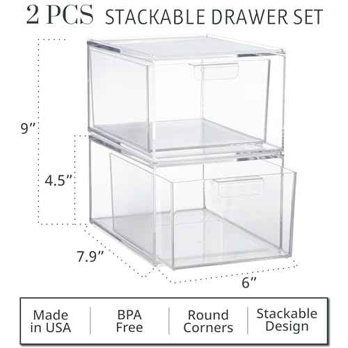 STORi Audrey Stackable Clear Bin Plastic Organizer Drawers | 2 Piece Set | Organize Cosmetics and Beauty Supplies on a Vanity | Made in USA