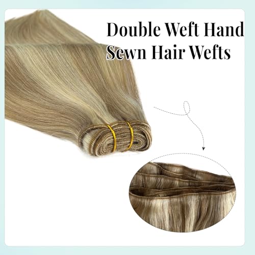 Human Hair Weft Blonde Hair Extensions Real Human Hair Weft Highlights Human Hair Extensions Sew in Brown Mix Ash Blonde Ombre Weft Hair Extensions Human Hair Straight 120g 22inch