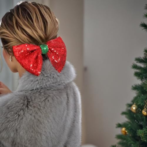 4" Red Sparkly Glitter Sequin Hair Bows for Women Girls Teens - Valentine's, Christmas, Birthday Gift, Party, Wedding Holiday Alligator Barrettes Green Red