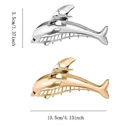 2 PCS Dolphin Hair Claw Clips for Women, Metal Claw Clips for Thick Hair Elegant Barrettes Strong Hold Hair Clamps Non Slip Hair Catch Jaw