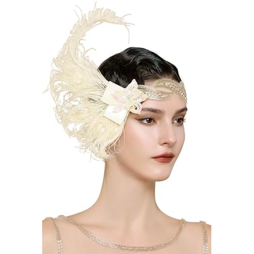 BABEYOND 1920s Flapper Headband Peacock Feather Headpiece Gatsby Accessories for Women Sequined Showgirl Headpiece