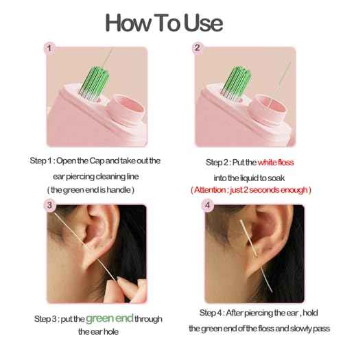 Piercing Cleaner, Ear Hole Cleaner, Piercing Cleaning Kit with 240pcs Disposable Ear Piercing Cleaning Floss & 15ml Cleaning Solution for Women Men