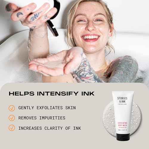 Stories & Ink Tattoo Aftercare | EXFOLIATING BODY WASH - Body Scrub Removes Dead & Dull Skin, Brightens Healed Tattoos, 200 mL / 6.8 Fl Oz
