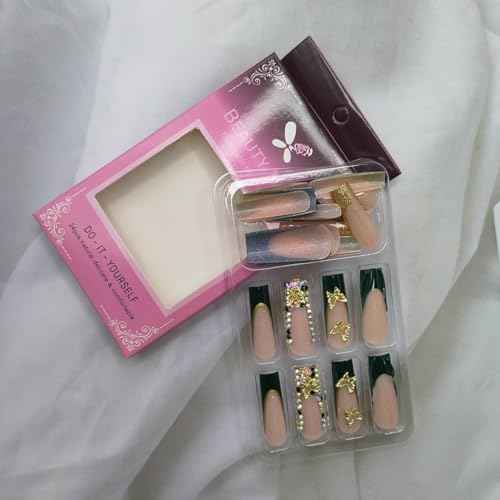 Square Press on Nails Long Fake Nails Green French Tip False Nails with 3D Butterfly Rhinestones Design Nude Pink Artificial Acrylic Nails Full Cover Glossy Spring Stick on Nails for Women Girls 24Pcs