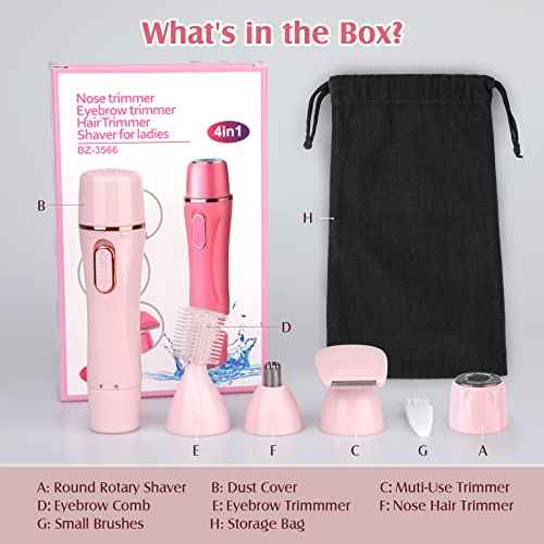 Trimmer Women, 4 in 1 Electric Razor for Women, Facial Shavers for Women, Portable Travel Womens Electric Razor for Face Beard Eyebrow Leg Arm Bikini Armpit Pubic Hair, Pink