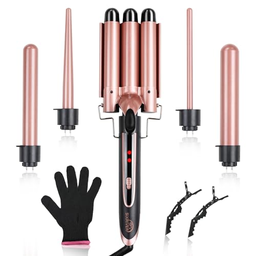 5-in-1 Curling Iron Set, Curling Wand with 3 Barrel Hair Crimper Iron and Interchangeable 4 Curling Irons, Dual Voltage Hair Waver with 2-LED Temp Control for All Hair Types, Glove & 2 Clips