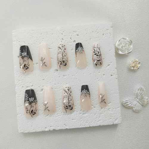 Medium Press on Nails Coffin Fake Nails with Black Floral Designs Light White Nude Acrylic Nails Fall Winter Nails Press ons Glossy Glue on Nails Daily Wear Natural Stick on Nails for Women 24Pcs