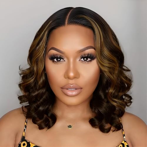 Tinashe Highlight Bob Wig Human Hair Wear and Go Glueless Wigs Human Hair Pre Plucked Pre Cut 180% Body Wave 5x6 Lace Front Short Bob Wigs Human Hair for Black Women-Highlight 1B/2/30,12inch