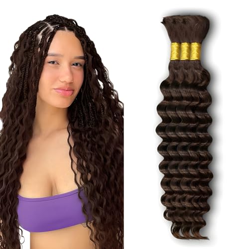 Human Braiding Hair 150g 22 Inch Deep Wave Bulk Human Hair for Braiding Boho Braids 100% Unprocessed Brazilian Virgin Human Hair Extensions No Weft 3 Bundle/Pack Dark Brown