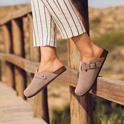 KIDMI Genuine Suede Clogs for Women Cork Footbed Sandals Leather Mules Potato Shoes with Arch Support