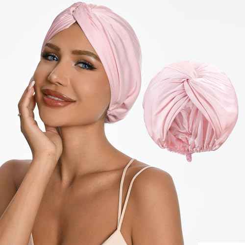 Adjustable Silk Satin Hair Bonnet for Sleeping with 5% Mulberry Silk ? Double Layer Hair Cap for Women & Men, Extra Smooth Night Cap for Curly, Braided, Natural Hair ? Silk Shower Cap (Pink)