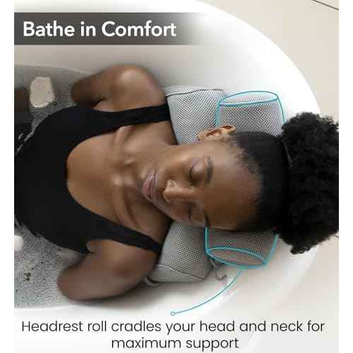 Everlasting Comfort Luxury Bath Pillows for Tub with Head and Neck Support - Non-Slip Bathtub Pillow with Suction Cups, Quick-Drying Mesh & Drying Hook - Jacuzzi & Spa Accessories for Women - Gray