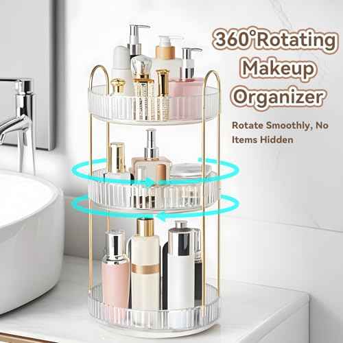 360¡Æ Rotating Makeup Organizer for Vanity, 3 Tier Perfume Organizers Skincare Organizers and Storage for Bathroom Countertop, Spinning Cosmetic Organizer for Bedroom Dresser Counter, Clear