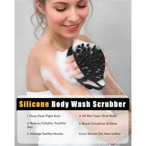 2 in 1 Silicone Body Scrubber, Anti Cellulite Massage Scrubber, Exfoliating Shower Brush for Men & Women, Removes Dead Skin, Reduces Cellulite, Improves Circulation, Fast Dry, Non Slip (1PC, Black)