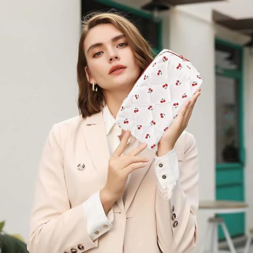 Floral Makeup Bag,Floral Quilted Makeup Pouch,Large Cosmetic Bag,Fashionable Travel Makeup Pouch, Cute Cherry Make up Bag,Puffy Coquette Makeup Bag, Attractive Quilted Make up Bag