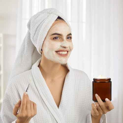 12 Pack 8 oz Round Amber Glass Cosmetic Jars with Black Lids, Spatula, Chalk Labels, Pen, Candle Holder, Refillable Containers for Makeup, Cream, Sugar Scrubs, Bath Salts