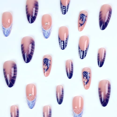 3D Blue Ocean Press on Nails Medium Almond Fake Nails with Shell Pearl Fish Designs French False Nail Tips Glossy Glue on Nails Full Cover Stick on Nails for Women Manicure Decorations 24Pcs