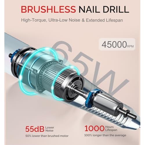 Professional Nail Drill Machine - Cordless Brushless Motor Nail File, 45000 RPM 2*3500mAh Portable Efile for Acrylic Gel Nails with 6 Bits & ETL-Certified USB Charger for Salon & Home