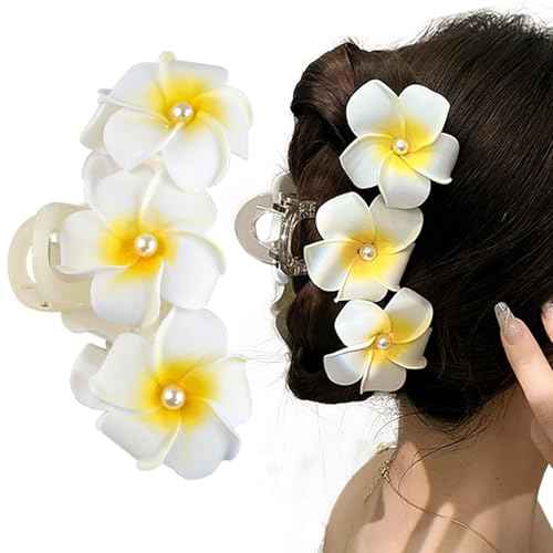 Hawaiian Plumeria and Hibiscus Flower Hair Clips for Women - Cute Large Pearl Non-Slip Claw Clips for Thick Hair, Beach Hair Accessories