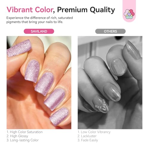 SAVILAND Color Artistry Rose Gold Glitter Nail Polish - 7 Days Shimmer Air Quick Dry Holographic Fingernail Polish, Sparkle Pink High Glossy Home DIY Manicure Gift for Women