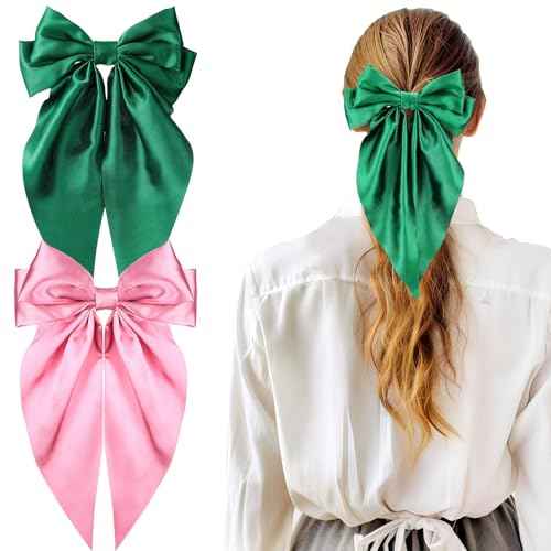 2 Pcs Witch Hair Accessories for Women Satin Pink and Green Hair Bow Clips with Long Tails and Metal Clips Bow Accessories for Princess Witch Birthday Party Decorations