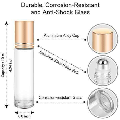 PrettyCare 4 Pack, 10 ml Essential Oil Roller Bottles with Stainless Steel Roller Ball - Refillable Leak-proof Empty Thick Clear Glass Roll on Bottles with Metal Caps for Travel, Perfume