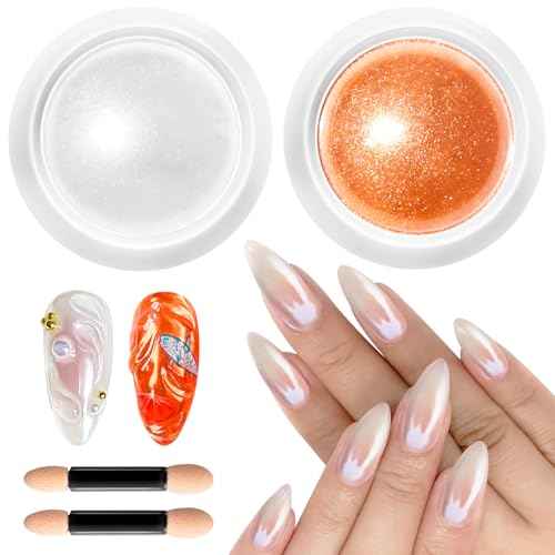 Pearl Chrome Nail Powder BISHENGYF -¡¼Metallic Mirror Effect¡½ Orange Chrome Nail Powder White Clear Aurora Mermaid Iridescent Chrome Powder for Nails Pigment Glitter Dust for Manicure Decroation DIY