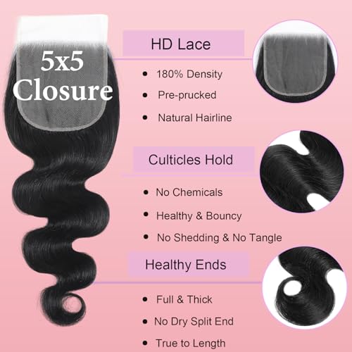 12A Human Hair Bundles 3 Bundles with Closure 14 16 18+12 Inch Body Wave Bundle Human Hair with 5x5 Closure 100% Brazilian Virgin Quick Weave Natural