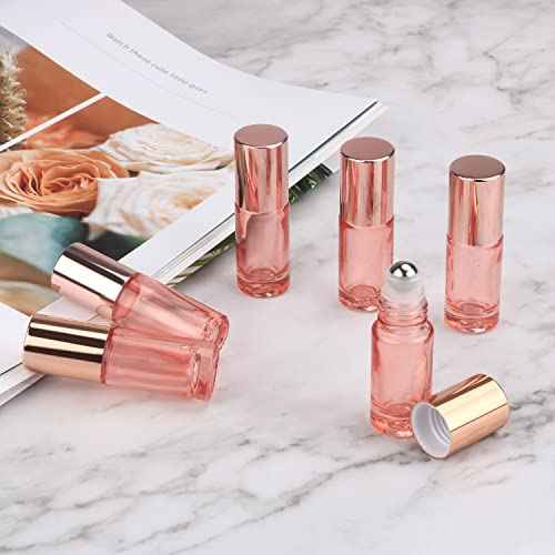 Wresty 1/6 Oz Pink Glass Roller Bottles, 6 Pack 5ml Roll On Bottles With Rose Gold Lids For Essential Oils, Perfume, Cosmetic Liquid