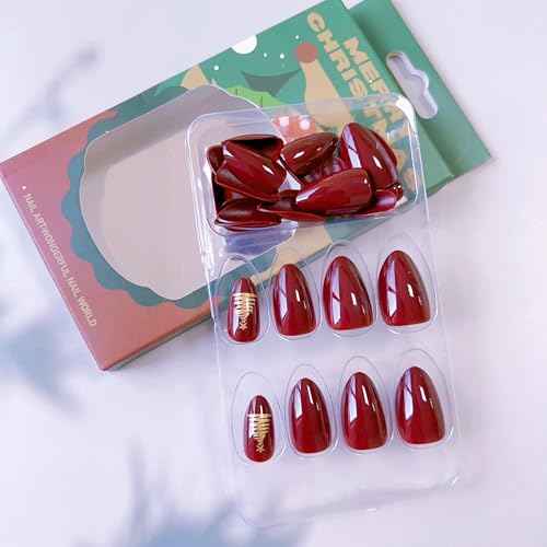 Red Press On Nails Almond Short Christmas Brown Red Fake Nails with Gold Tree Designs Fall False Nails Press Ons Glossy Full Cover Nail Tips Acrylic Artificial Glue Stick On Nails for Women 24PCS
