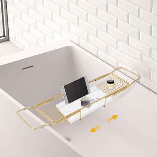 Bathtub Tray Caddy for Luxury Bath, Stainless Steel 26.8-35.4 in Expandable Extra Wide Bath Tub Tray with Natural Marble and Mobile/Tablet Stand, Ideal for Home Spa Lovers (Gold + White)
