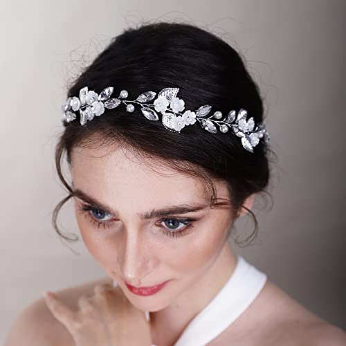 Flower Leaf Crystal Wedding Hair Vine for Bride Bridesmaid Pearls Crystal Hair Accessories for Women and Girls Blue